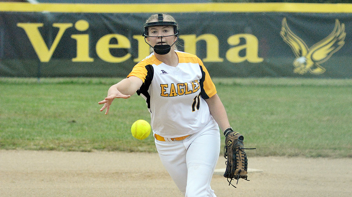 Alicia Long lets a pitch fly during the annual Vienna Invitational Softball Tournament back in early October. Long and her Eagle teammates will look to add a district tournament championship in addition to their Gasconade Valley Conference (GVC) and Vienna Tournament titles later this week in Crocker.
